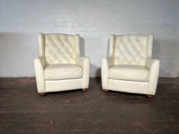 Vintage Mid century Arm chairs in smooth white leather