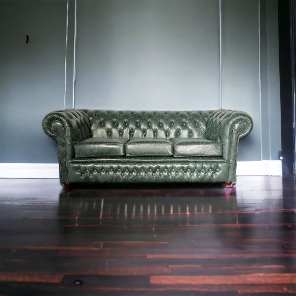 3 Seat classic Chesterfield in premium distressed green leather. Save £1000