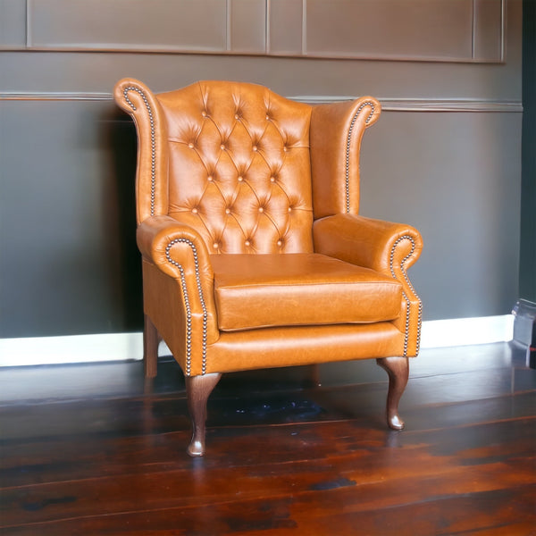 Queen Anne armchair in hand dyed tan leather