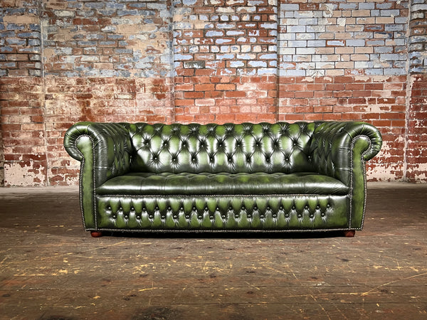 Antique green leather Edwardian Chesterfield