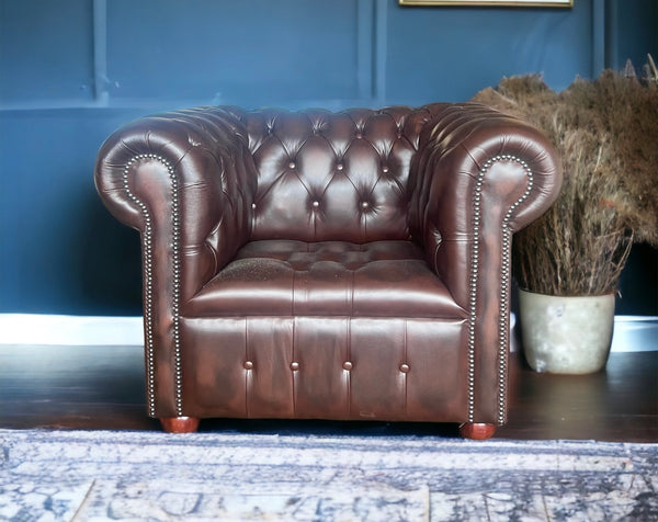 Edwardian Club Chair in Antique Brown Leather.