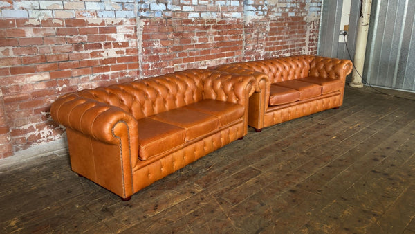 Elegant Pair of Classic Chesterfield Sofas in Premium Tan Leather - Brand New