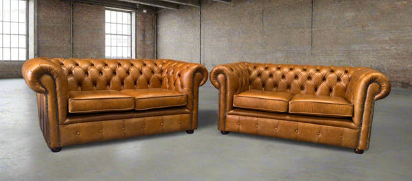 Pair of Classic 2 seat Chesterfields in Premium Old Saddle Leather