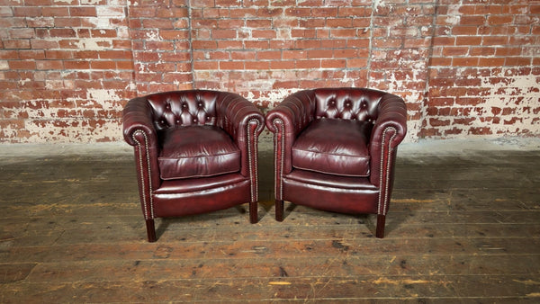 Stunning Pair of Ex Photoshoot Tub Chairs in Antique Red Leather