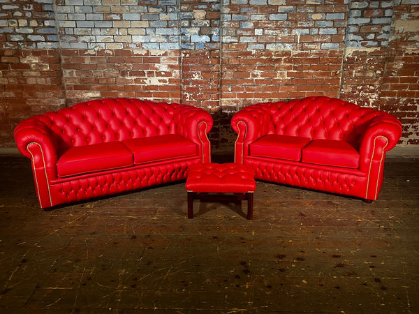 Stunning Flame Red Leather Oxford Sofas - Collect or dispatch within 24 hours*