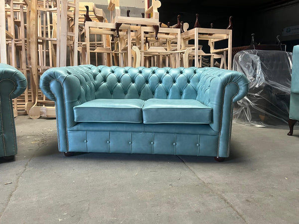 Unique 2 seater Classic Chesterfield Sofa in Premium Baby Blue Leather