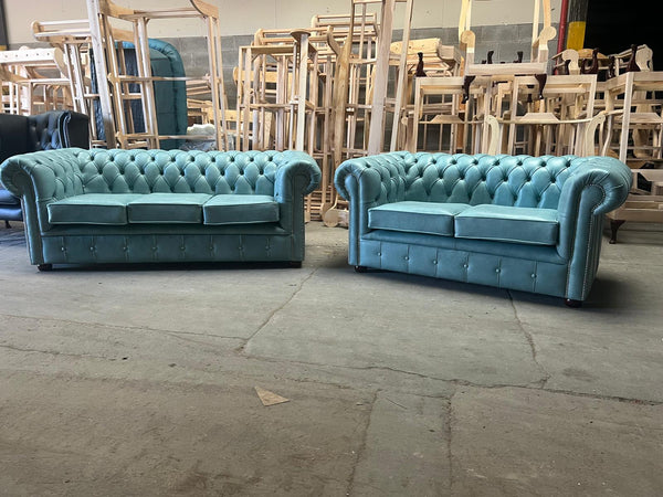 Unique 3 seater and 2 seater Classic Chesterfield Sofas in Premium Baby Blue Leather