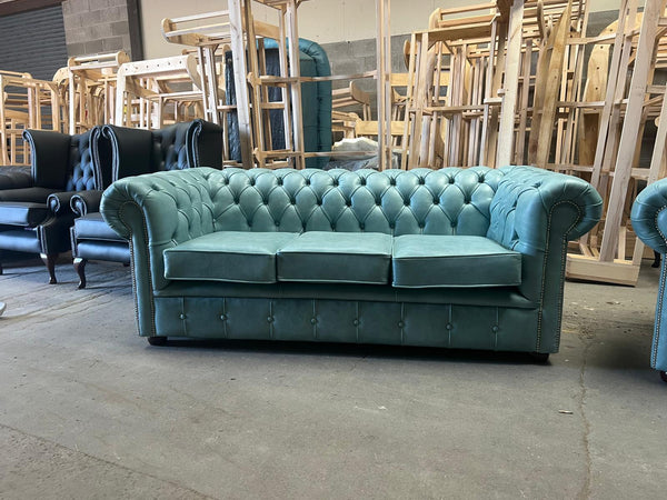 Unique 3 seater Classic Chesterfield Sofa in Premium Baby Blue Leather