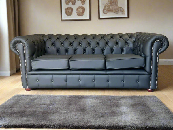 Classic 3 seater Chesterfield Sofa in Premium Matt Black Leather