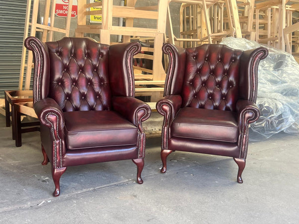 Pair of Queen Anne Chairs in Antique Red Leather