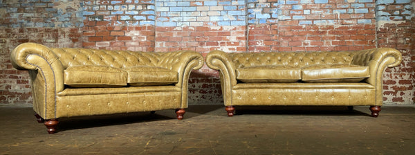 Stunning 3 and 2 seater London Sofas in Hand Dyed Olive Leather