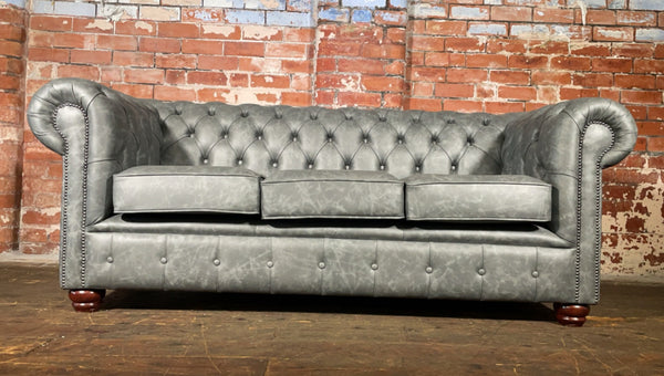 Classic 3 seat Chesterfield Sofa in Hand Dyed Old Saddle Grey Leather