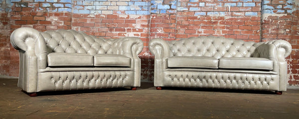 Ex Photoshoot Pair of Oxford Sofas in Premium Soft Grey Distressed Leather