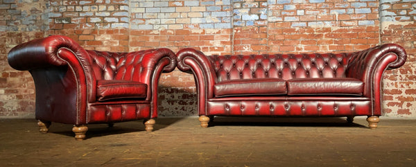 Vintage 3 seater London Sofa with Matching Chair in Antique Red Leather