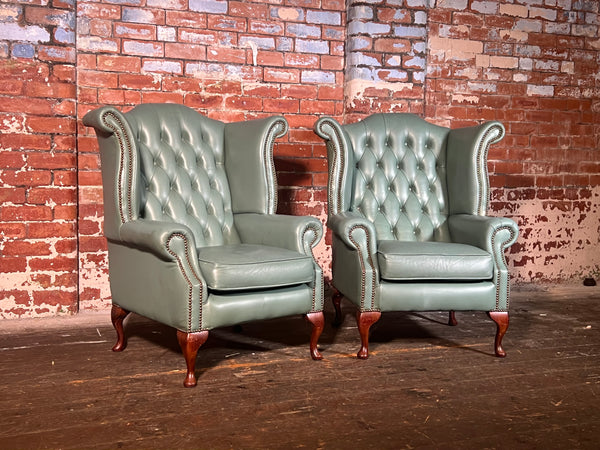 Pair of vintage Queen Anne chairs in blue/green leather