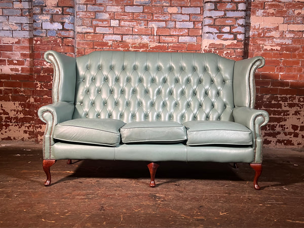 Elegant Queen Anne Sofa. premium blue/green leather