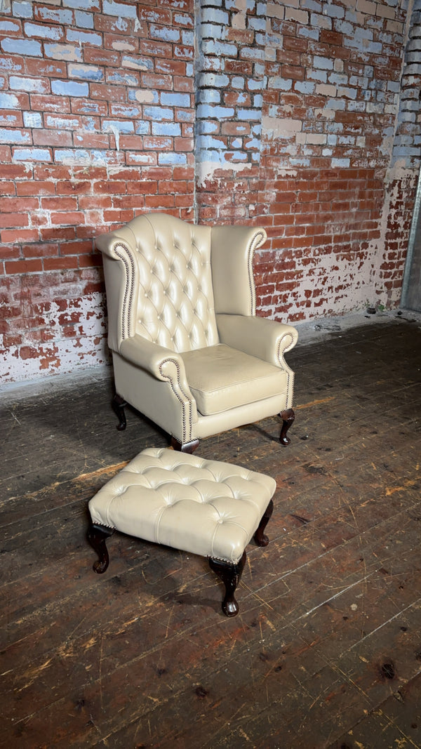 Vintage Queen Anne Chair with matching Footstool in Antique Cream Leather