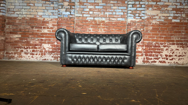 Classic 2 seater Chesterfield Sofa in Hand Dyed Distressed Black Leather.