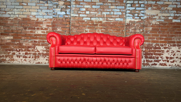 Striking Flame Red Leather 3 seater Oxford Sofa