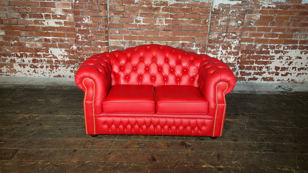 Striking Flame Red Leather 2 seater Oxford Sofa