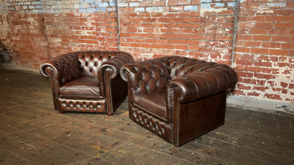 Pair of Classic Chesterfield Club Chairs in Antique Brown Leather