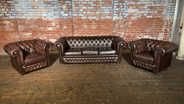 Vintage Classic Chesterfield Brown Leather 3 Piece Suite