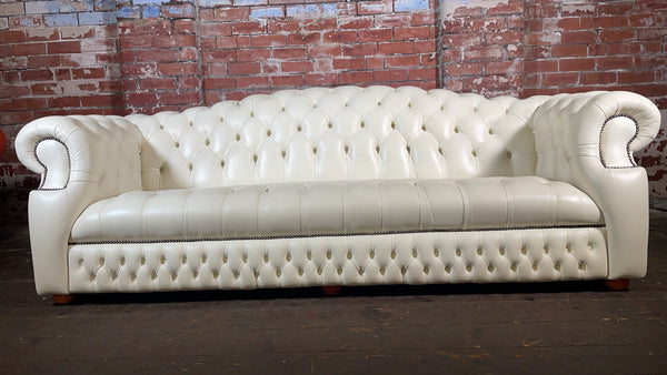 Unique Oxford style sofa with button seat in Premium White Leather