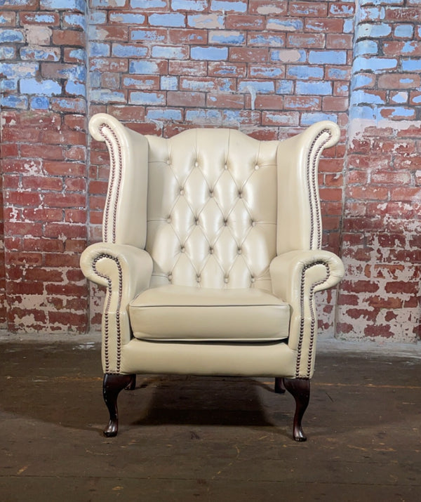 Vintage Queen Anne Chair in Premium Cream Leather