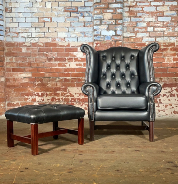 Premium Matt Black Leather Georgian Style Chair & Matching Footstool