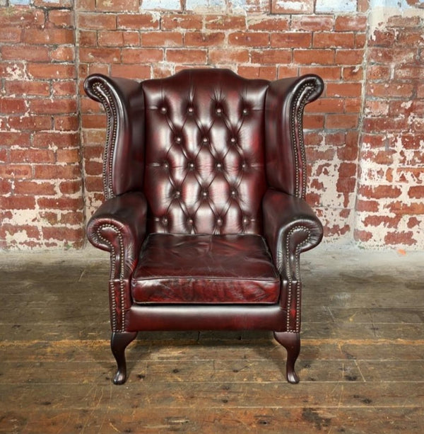 Vintage Queen Anne Chair in Antique Red Leather