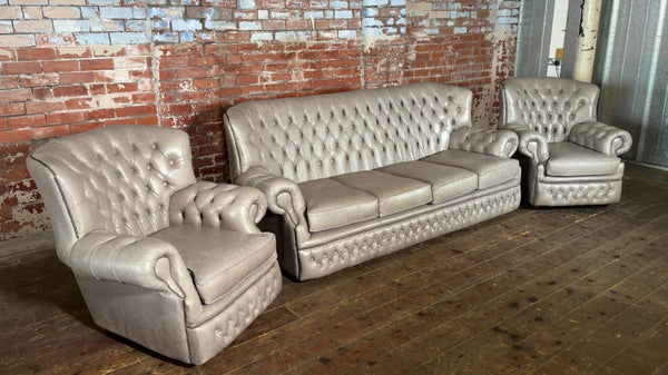 Ex-Display Monks Chesterfield3 Piece Suite in Premium Grey Leather