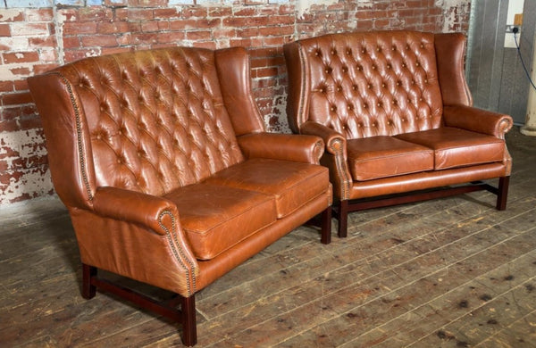 Pair of ex display 2 Seater High-back Sofa in Premium Cracked Cognac Leather.