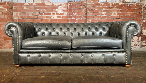 Oversized Vintage Chesterfield in Distressed Black Leather