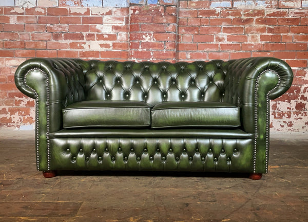 Ex-Display Classic 2 seater Chesterfield in Antique Green Leather