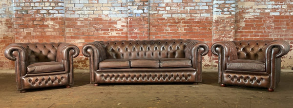 Classic Vintage Chesterfield 3 piece suite in Antique Brown Leather