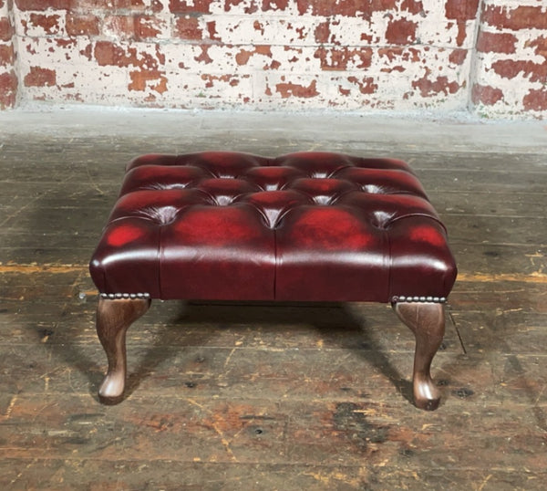 Queen Anne Footstool in Antique Red Leather